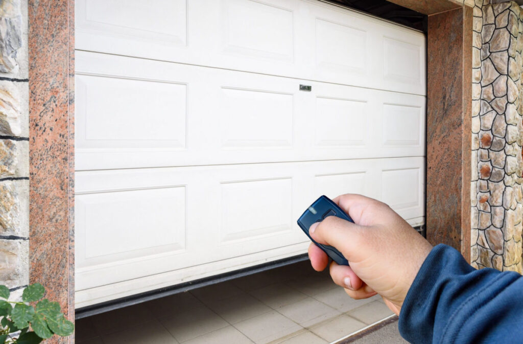 A close-up of a hand as a person opens a garage door with a garage door opener.
