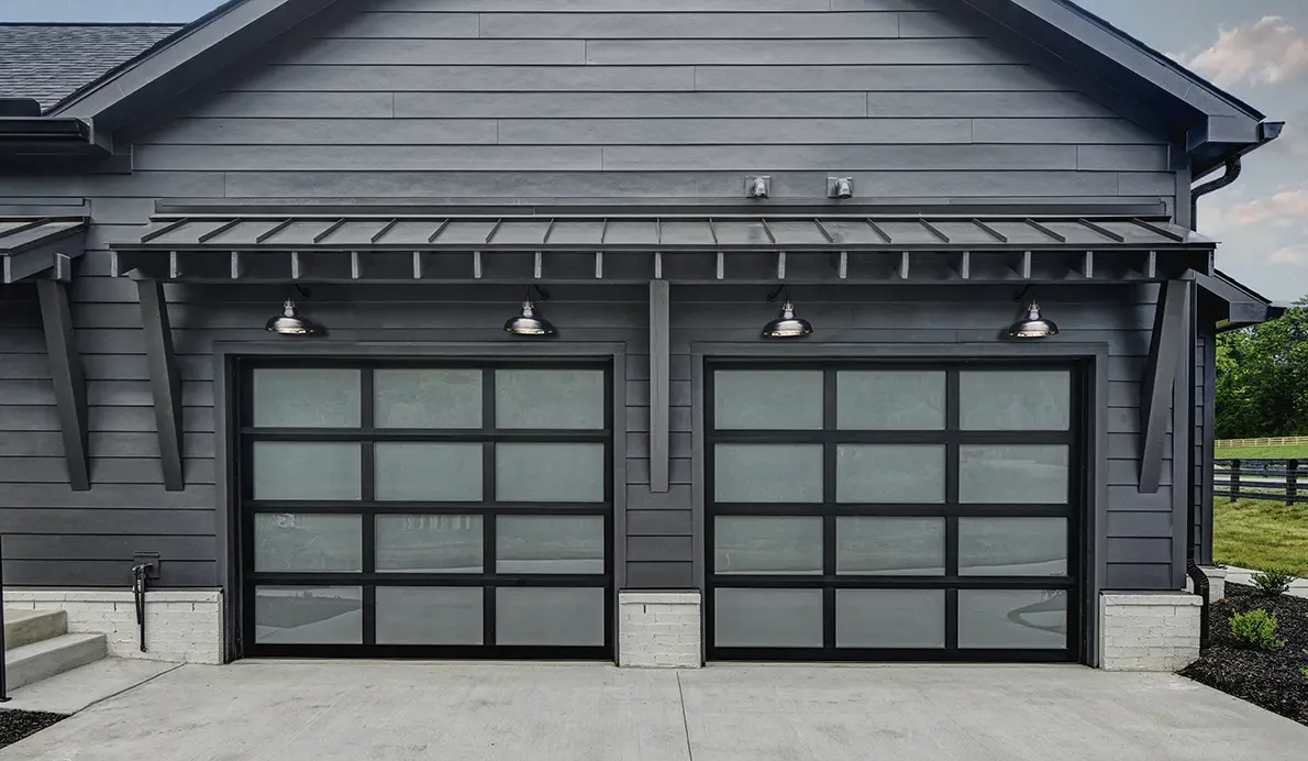 Brand new modern garage doors with black frames