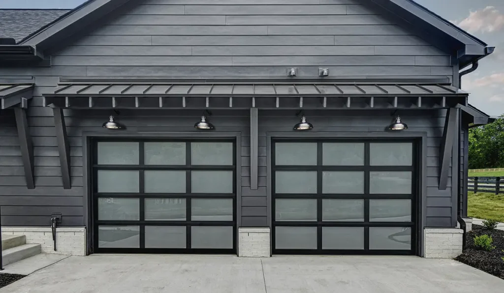 Brand new modern garage doors with black frames