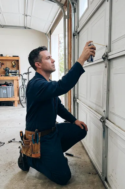 garage door technician lubricating garage door system